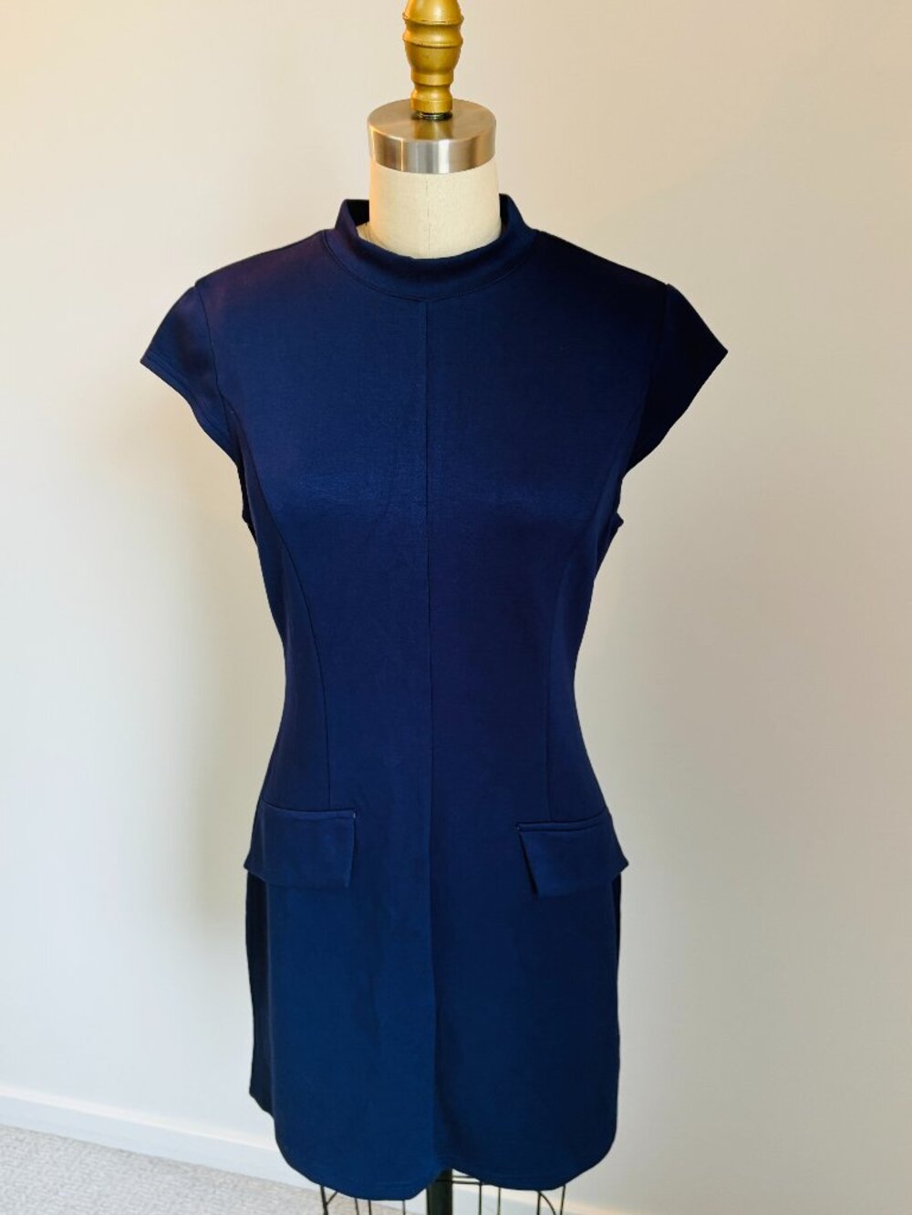 Ofeefan Navy Mock Neck Cap Sleeve Mini Dress - 1960s Mod Revival- Medium